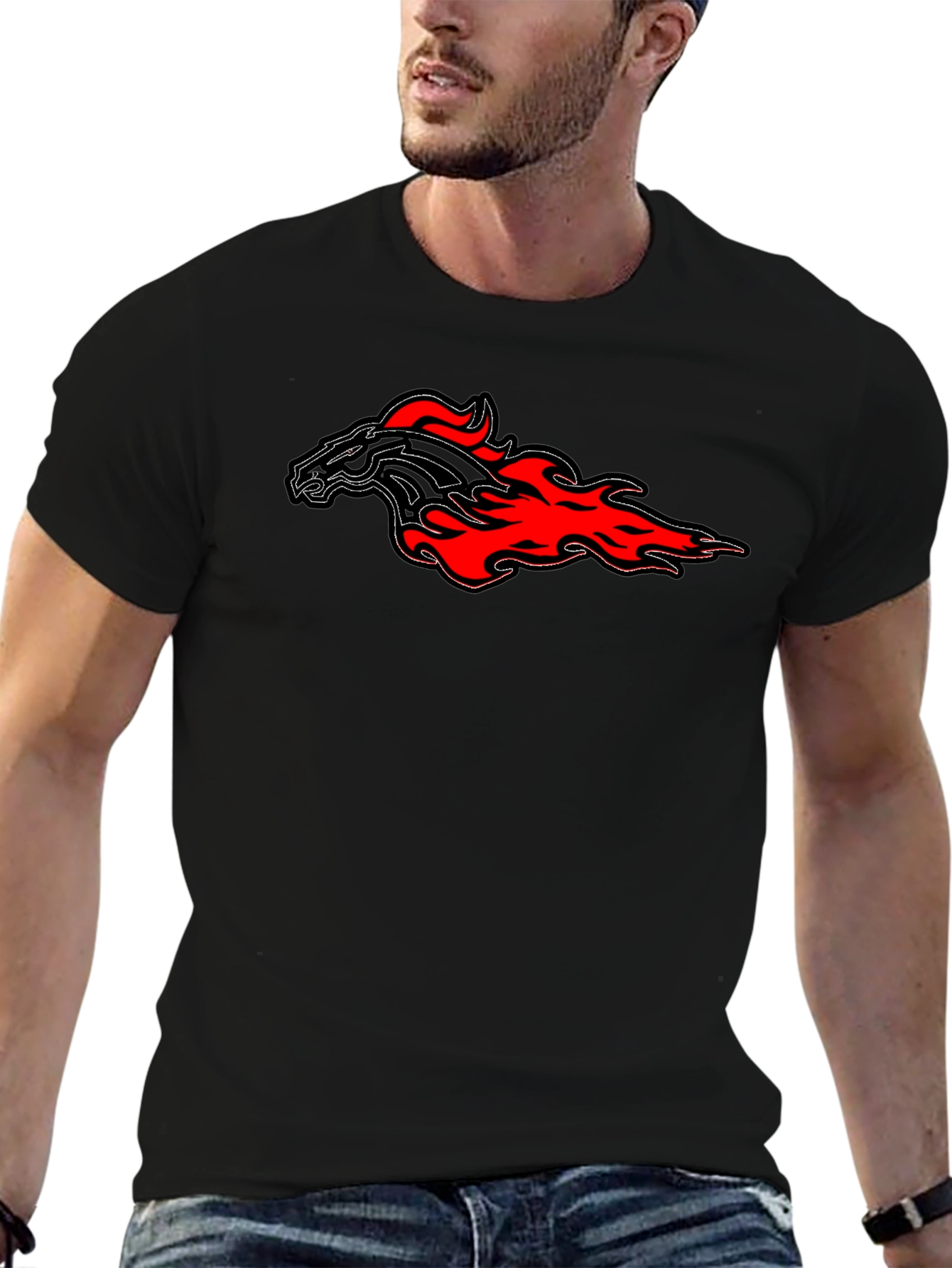 Flaming Horse Graphic Tee - Black Cotton T-Shirt