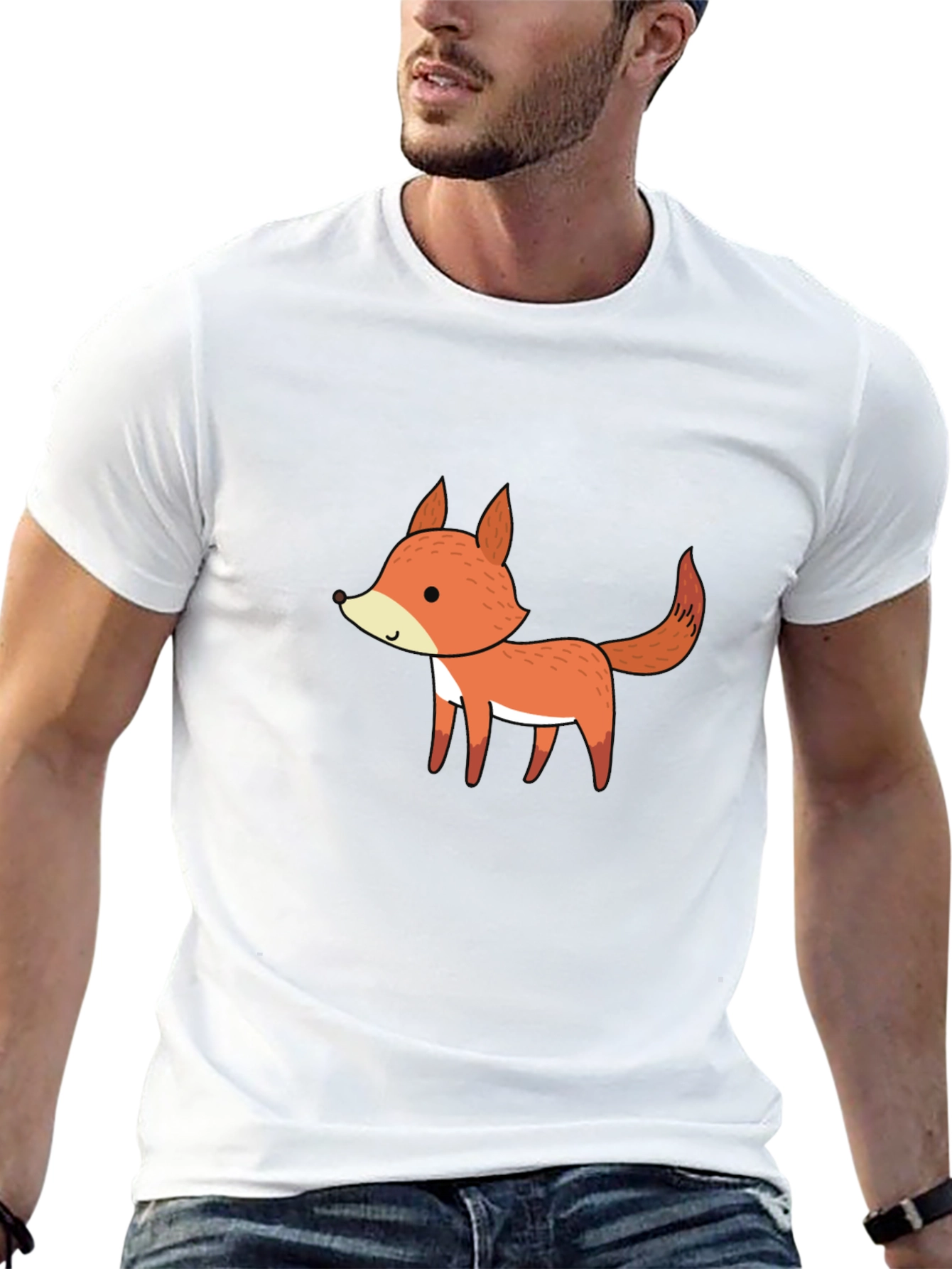 Cute Cartoon Fox Black T-Shirt for Men
