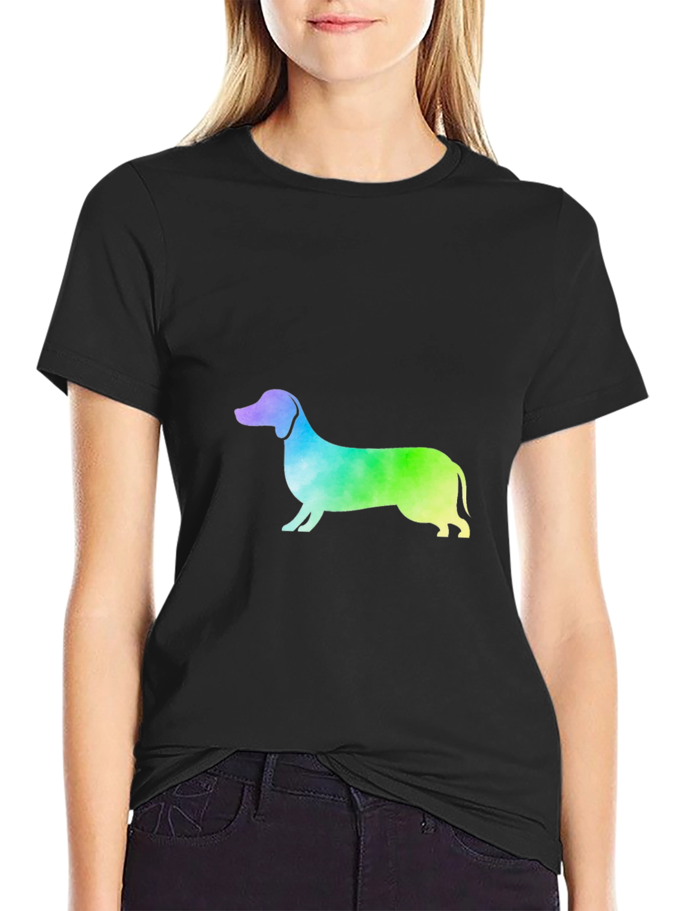 Rainbow Dachshund Graphic Tee - Black Cotton Blend