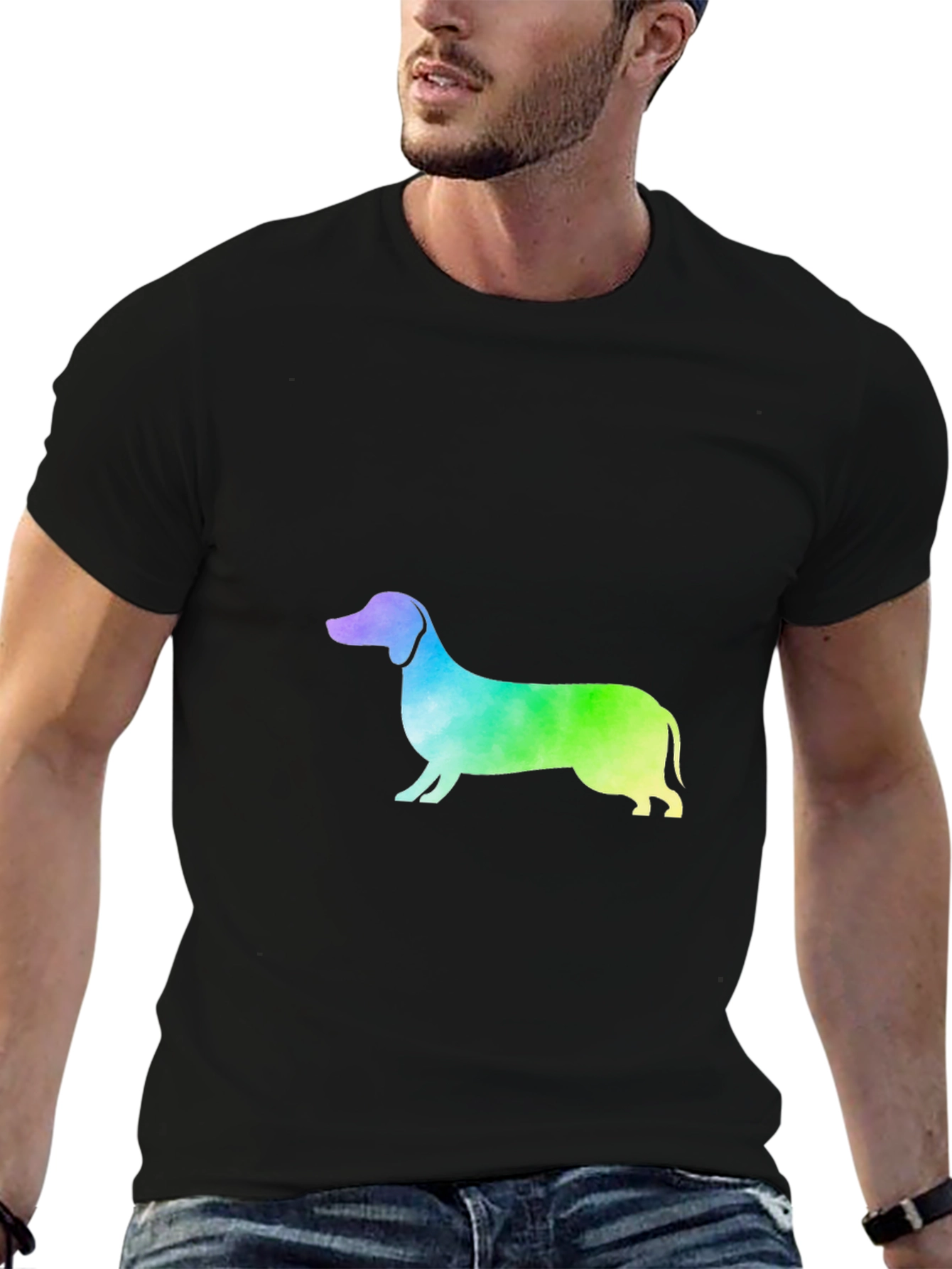 Rainbow Dachshund Graphic Tee - Black Cotton Blend