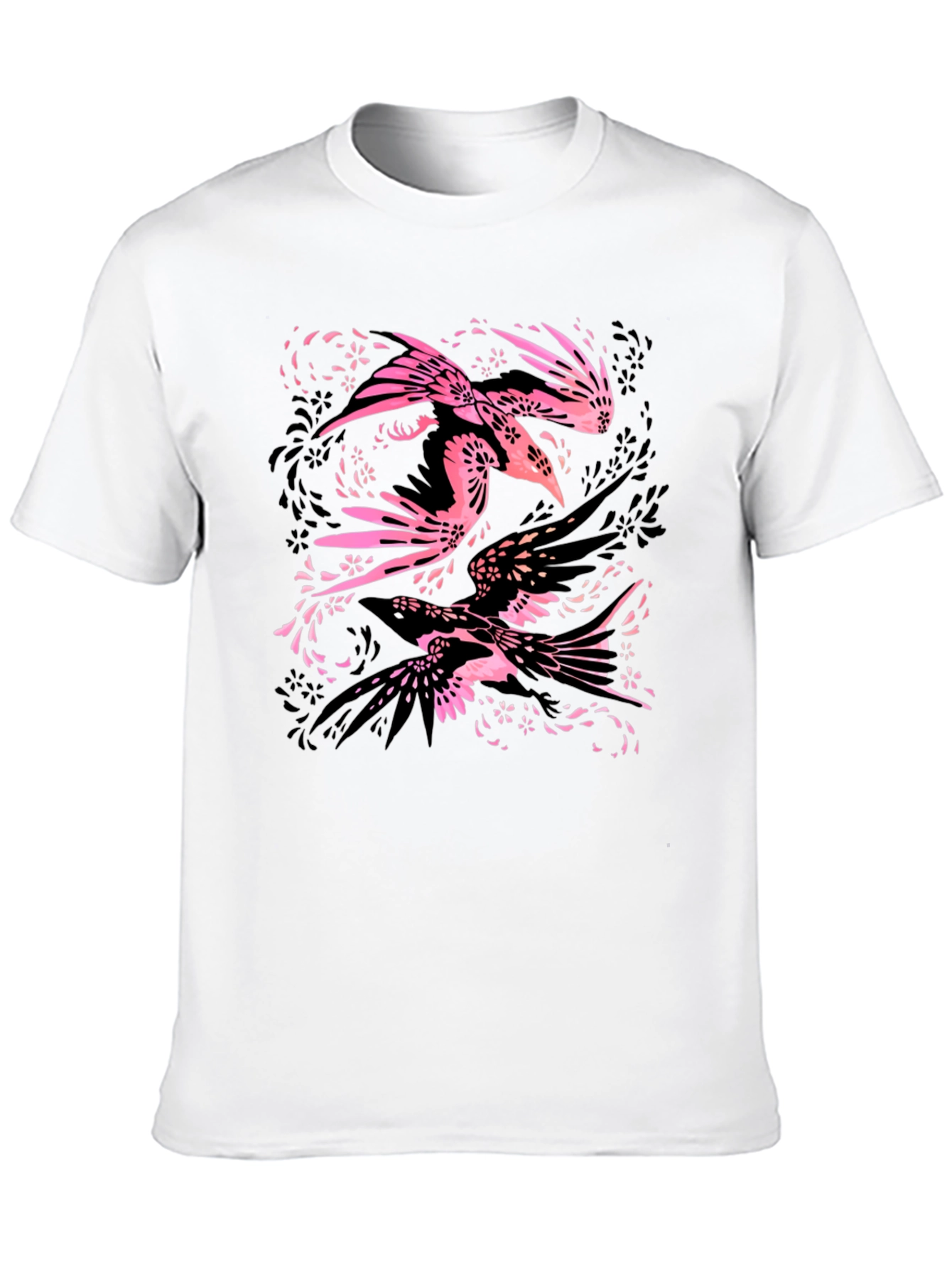 Stylish Black Tee with Bird Floral Design