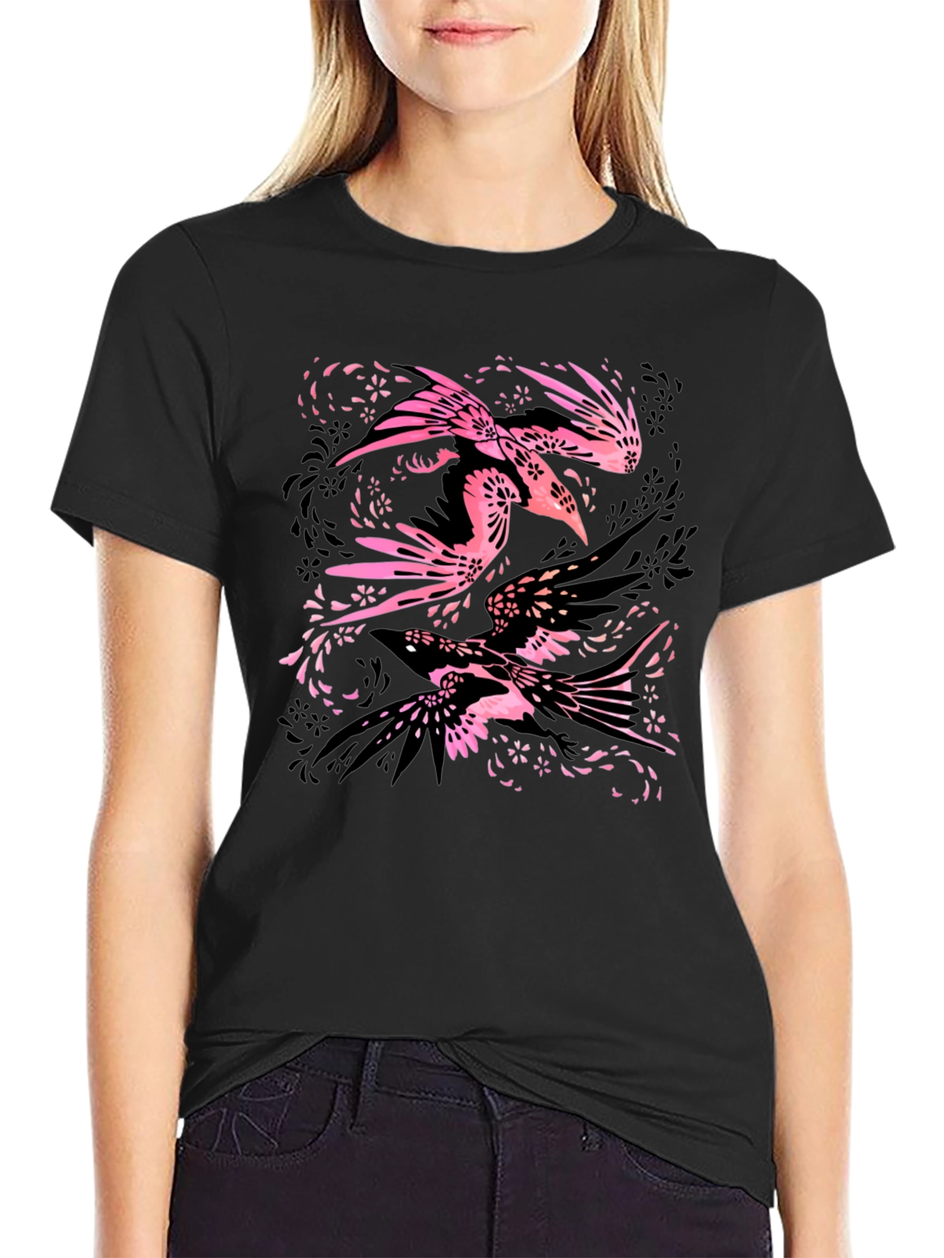 Stylish Black Tee with Bird Floral Design