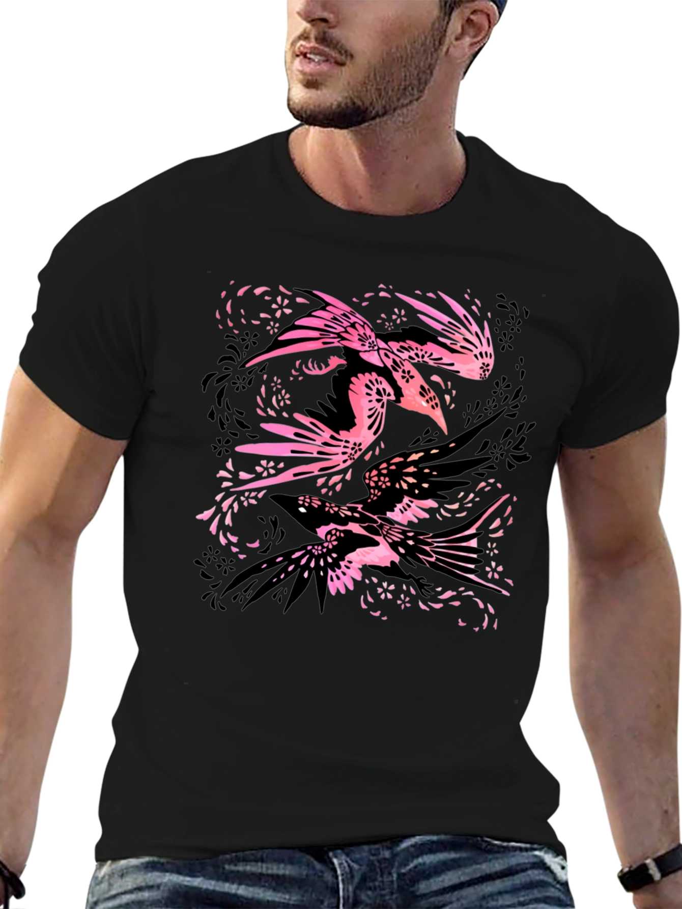 Stylish Black Tee with Bird Floral Design