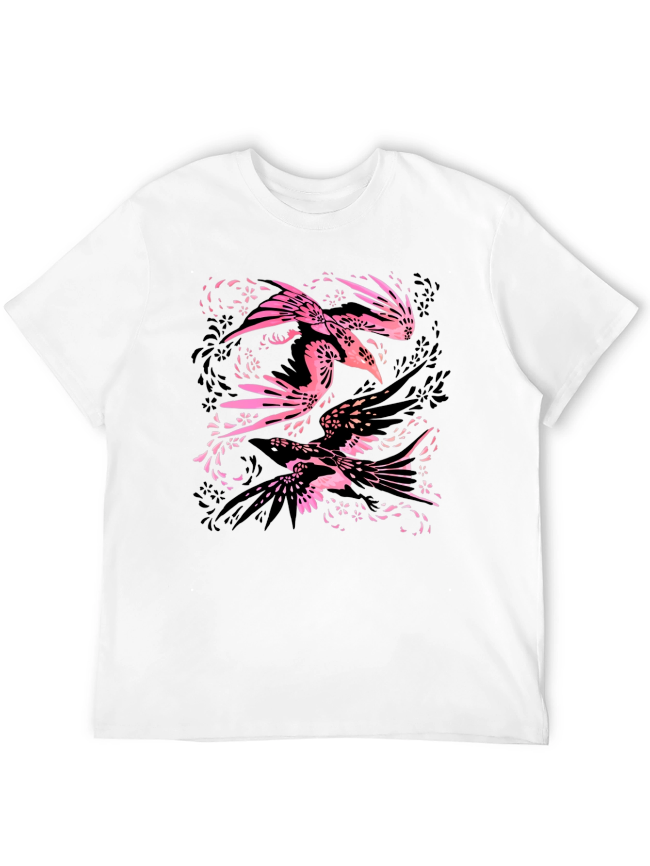 Stylish Black Tee with Bird Floral Design