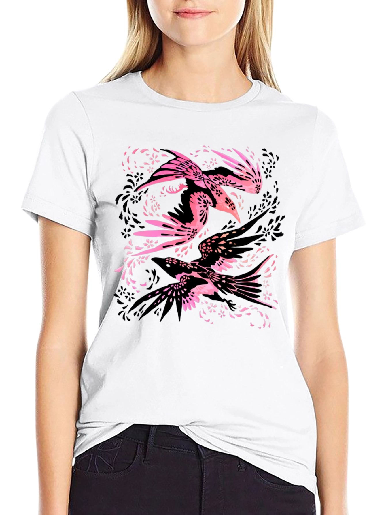 Stylish Black Tee with Bird Floral Design