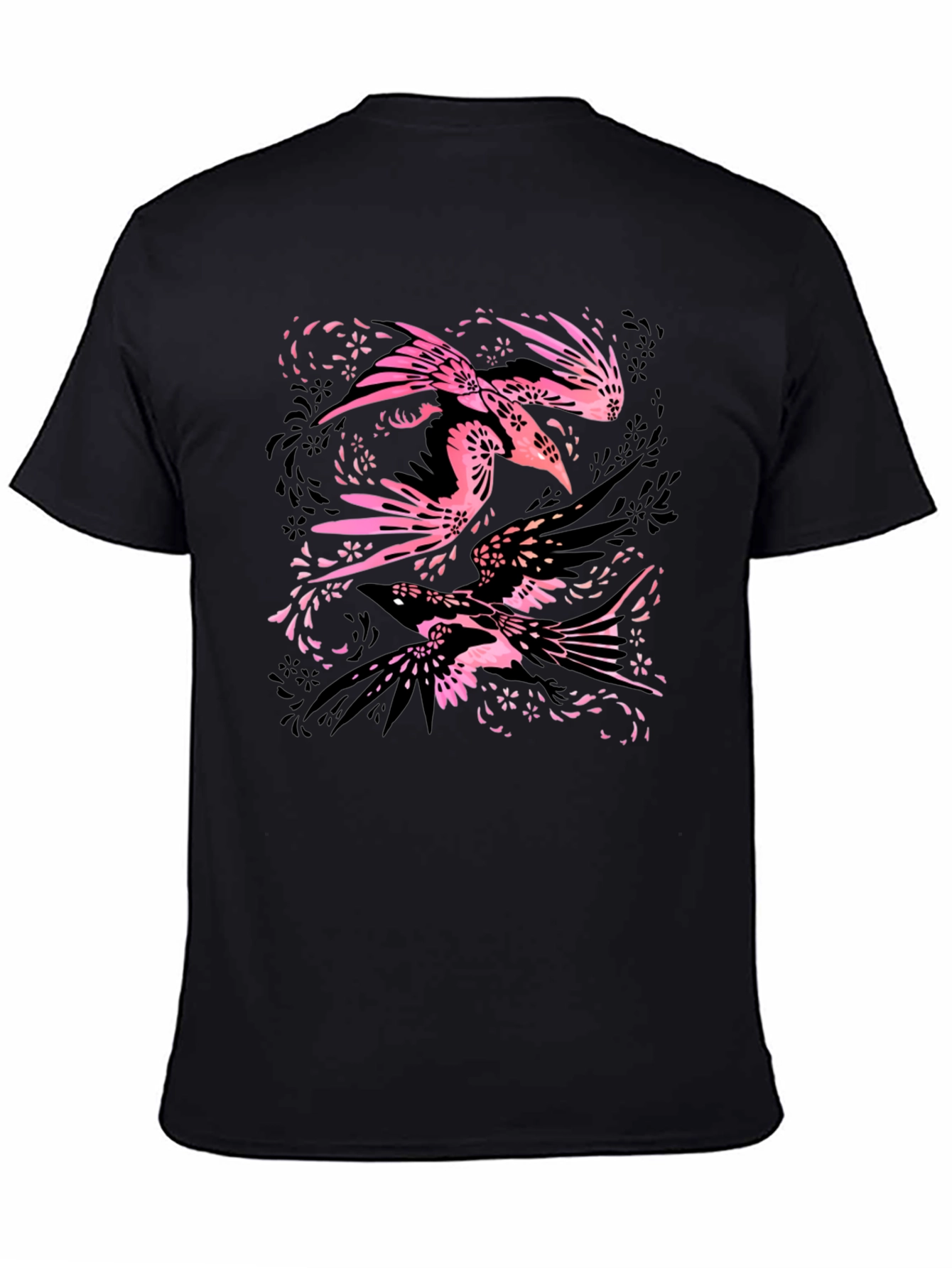 Stylish Black Tee with Bird Floral Design