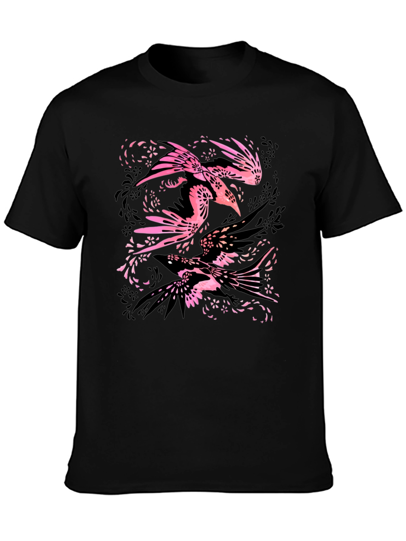 Stylish Black Tee with Bird Floral Design