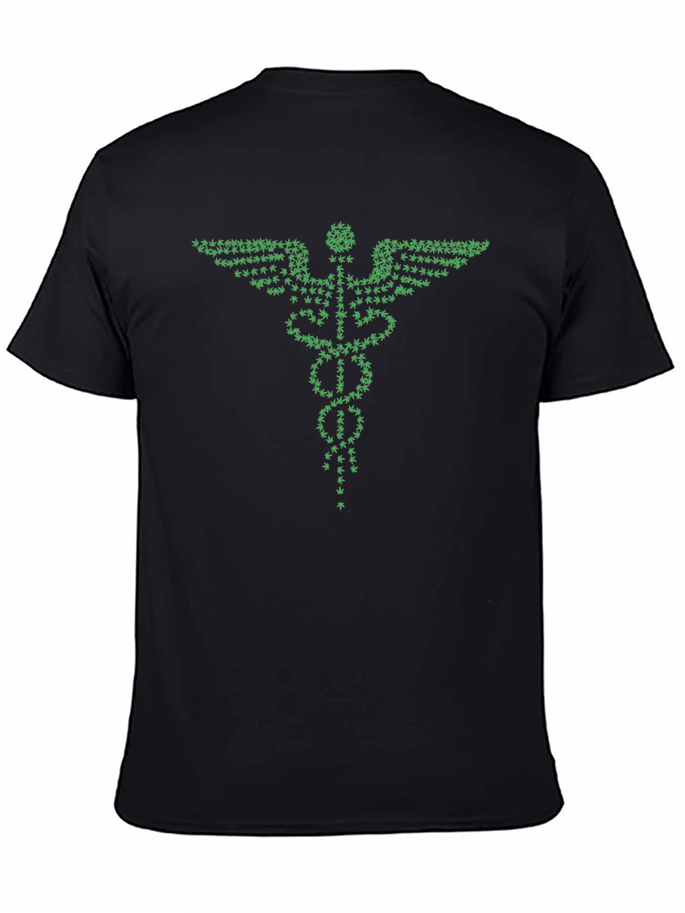 Green Caduceus T-Shirt - Cannabis Leaf Design