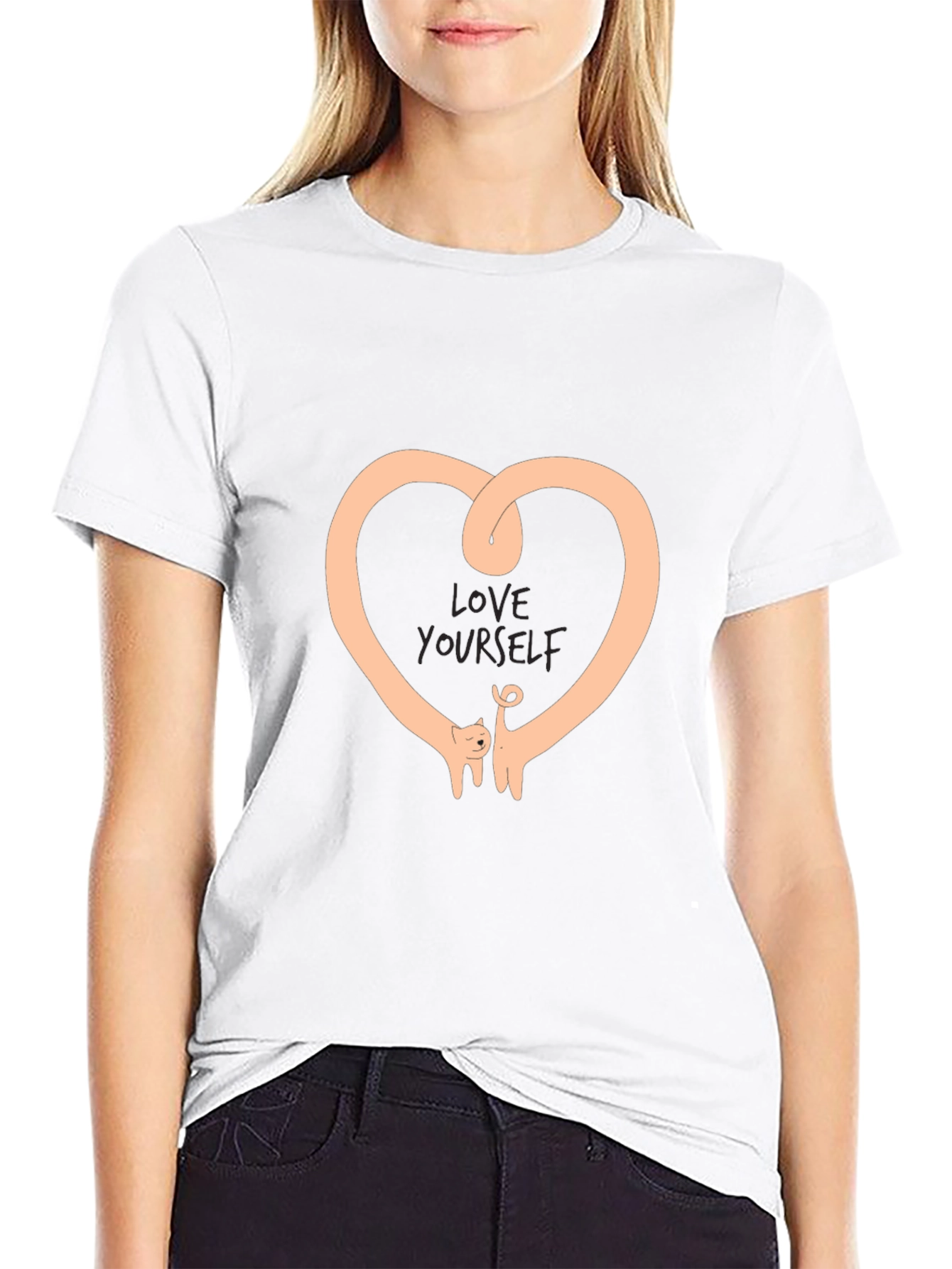 Love Yourself Heart Cat Graphic Black T-Shirt