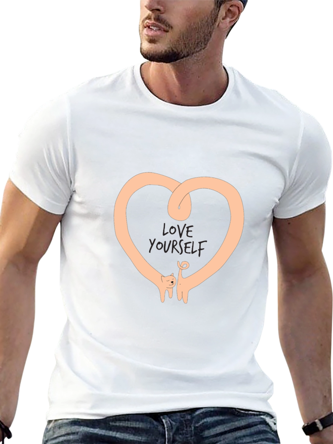 Love Yourself Heart Cat Graphic Black T-Shirt