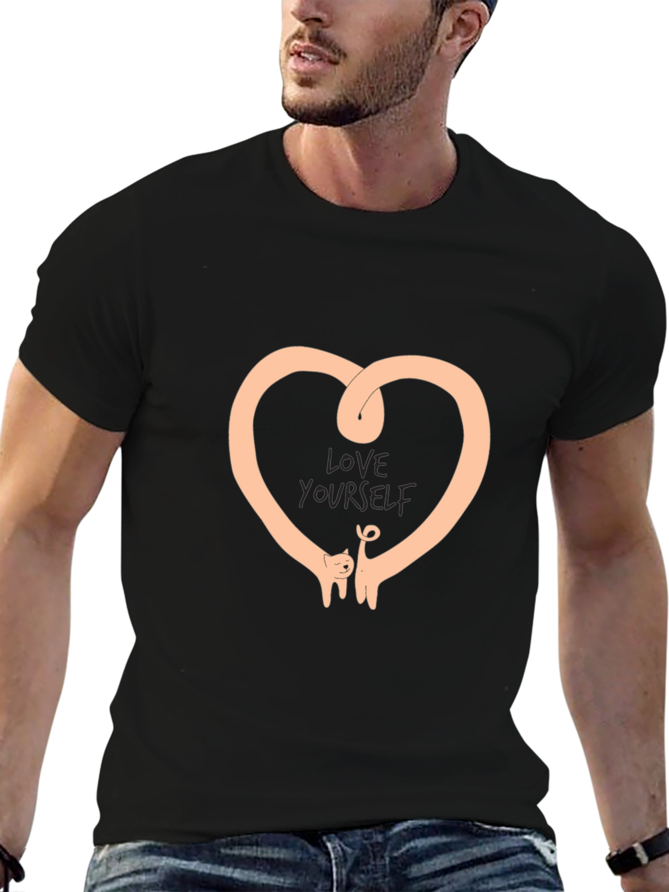 Love Yourself Heart Cat Graphic Black T-Shirt