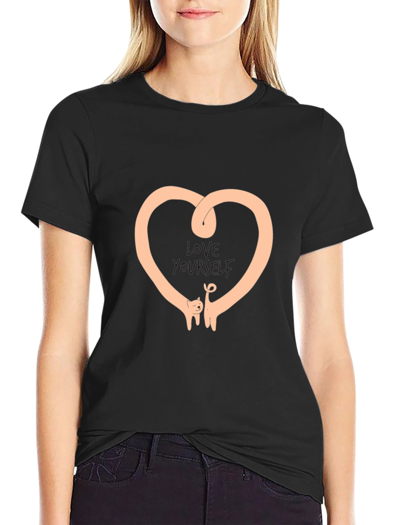 Love Yourself Heart Cat Graphic Black T-Shirt