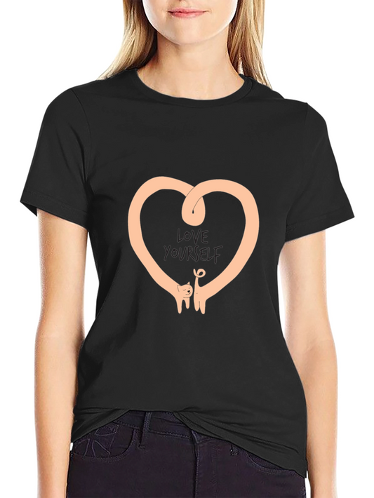 Love Yourself Heart Cat Graphic Black T-Shirt