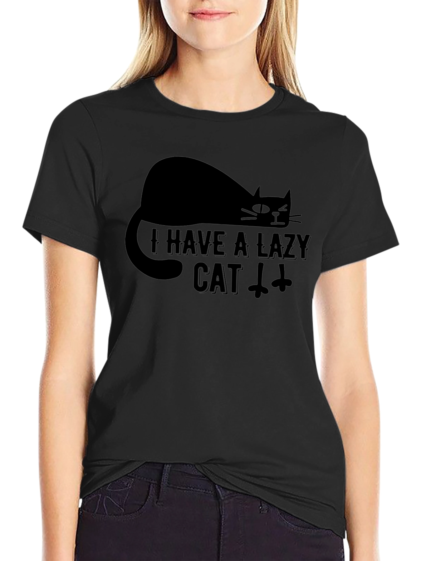 Lazy Cat Graphic T-Shirt - Black Cotton Tee