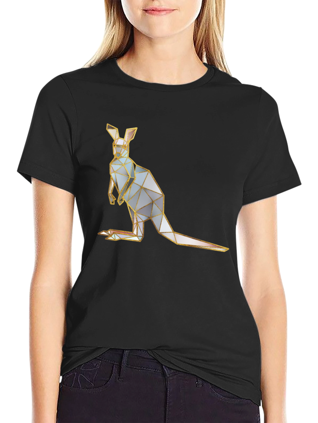 Geometric Kangaroo Graphic Tee - Black Cotton