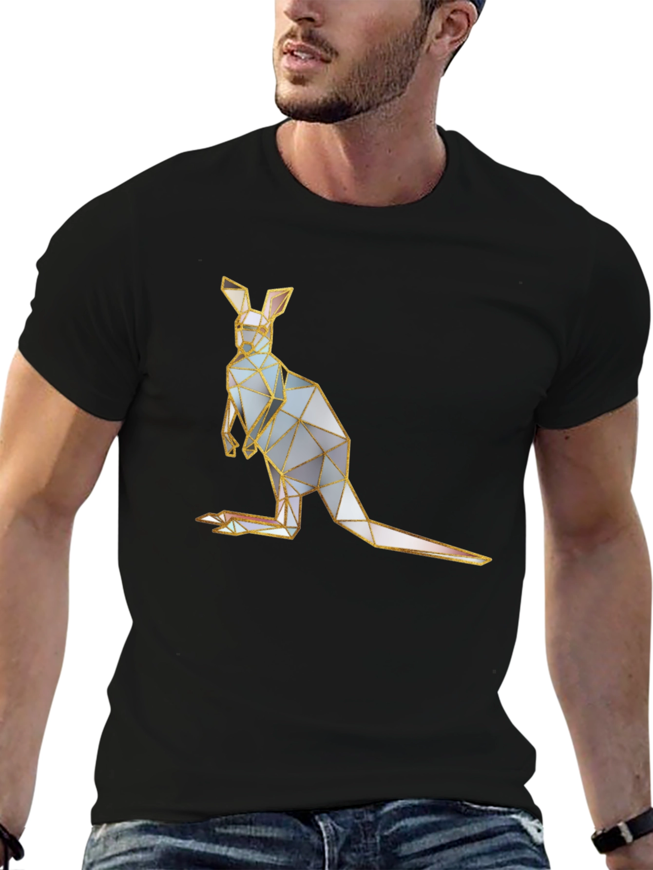 Geometric Kangaroo Graphic Tee - Black Cotton