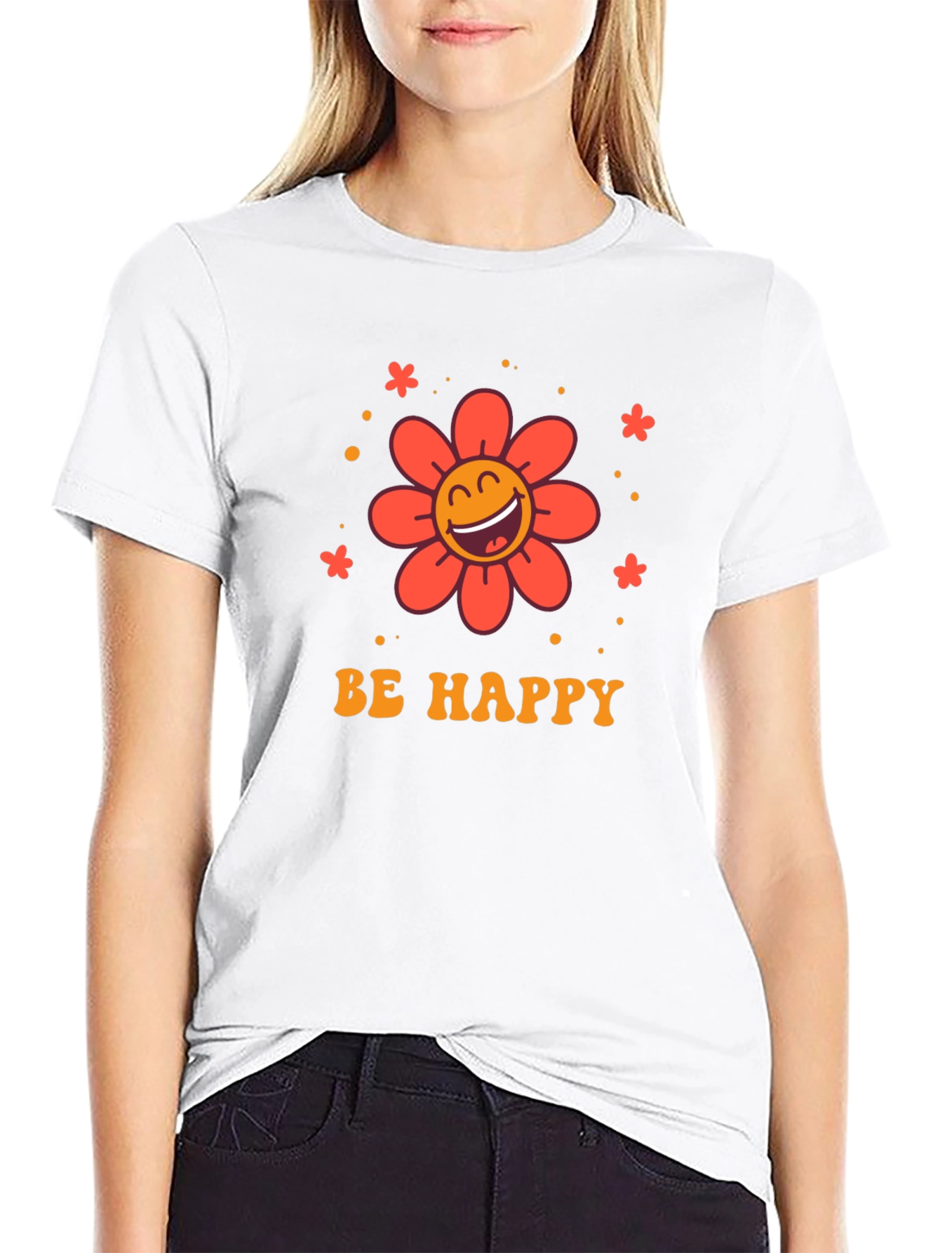Be Happy Graphic Tee - Retro Flower Design