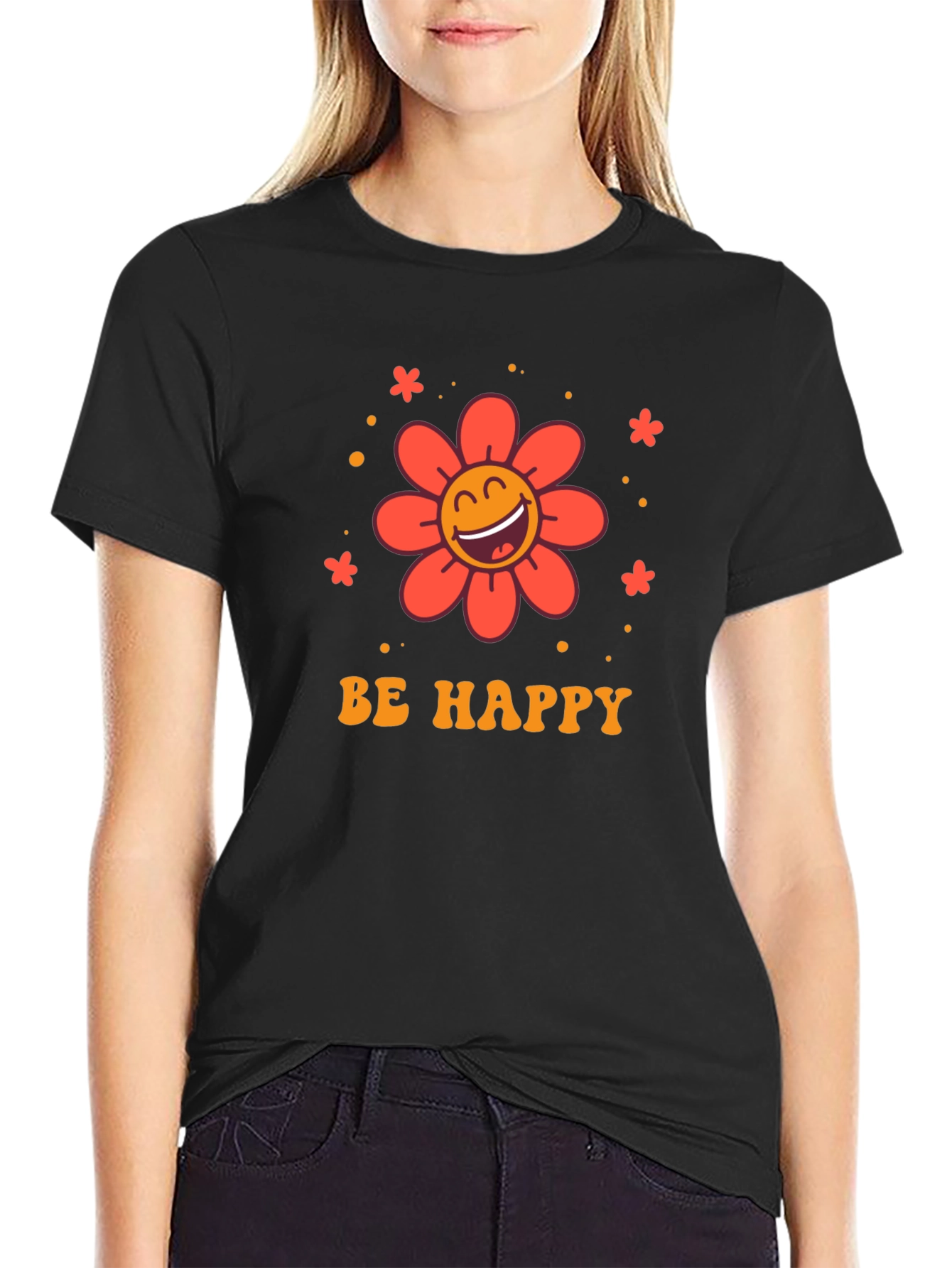 Be Happy Graphic Tee - Retro Flower Design