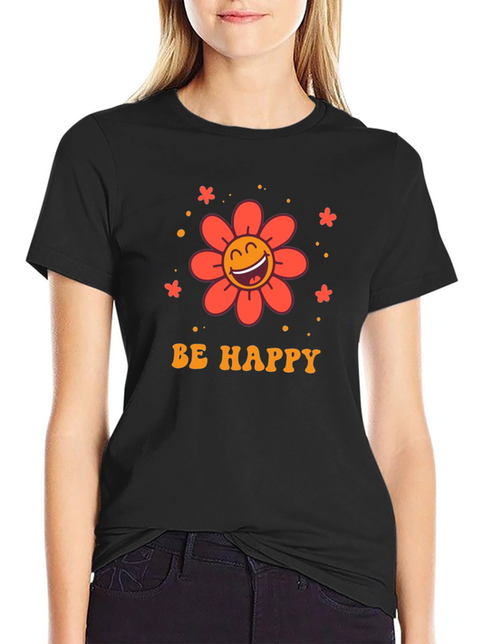 Be Happy Graphic Tee - Retro Flower Design