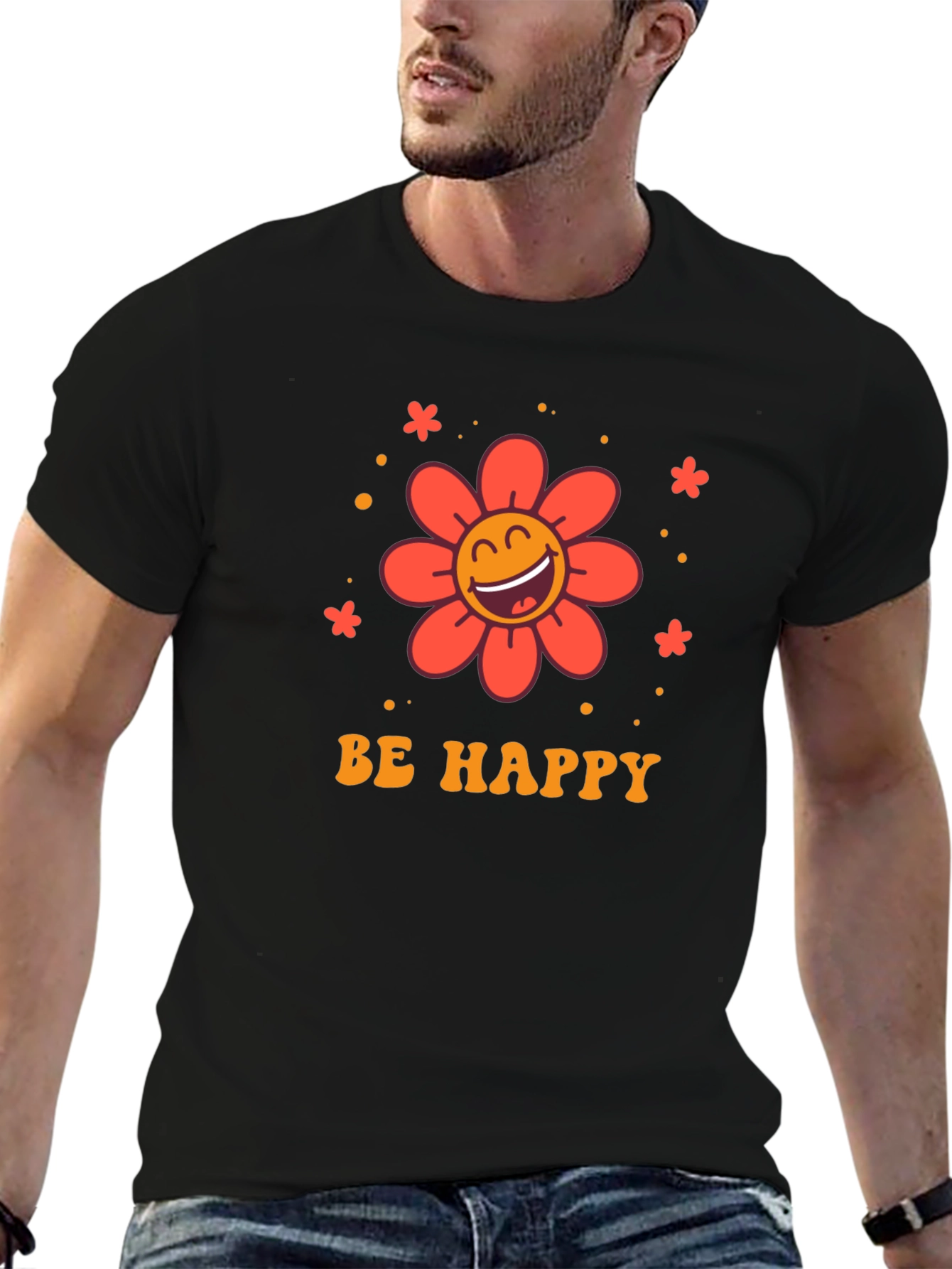 Be Happy Graphic Tee - Retro Flower Design