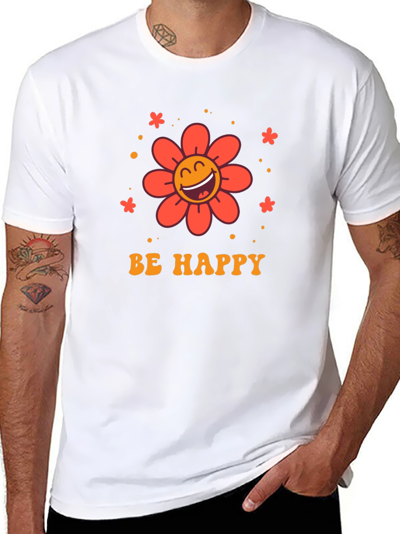 Be Happy Graphic Tee - Retro Flower Design