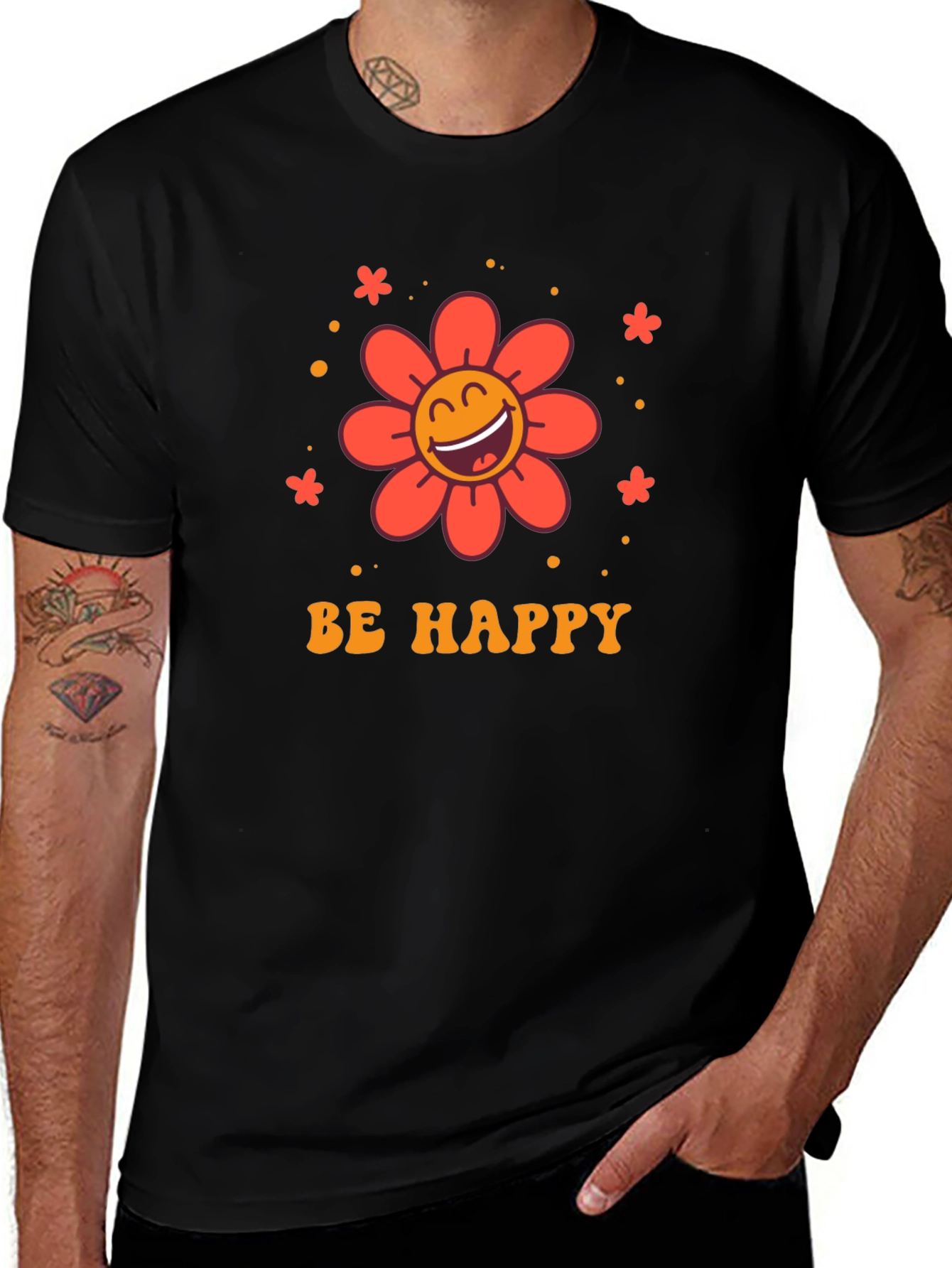 Be Happy Graphic Tee - Retro Flower Design