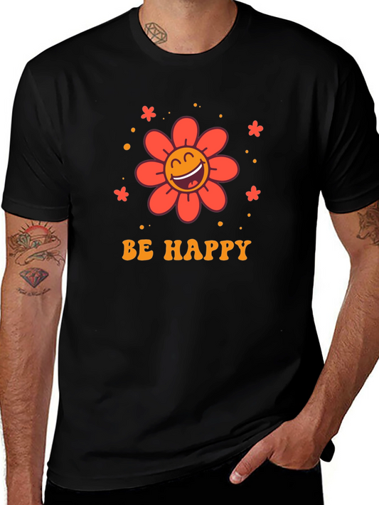 Be Happy Graphic Tee - Retro Flower Design