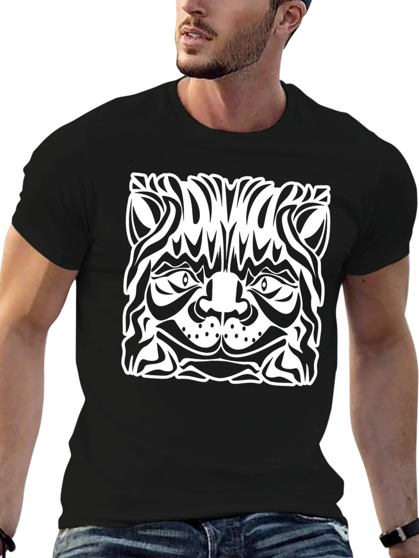 Abstract Cat Graphic Black T-Shirt
