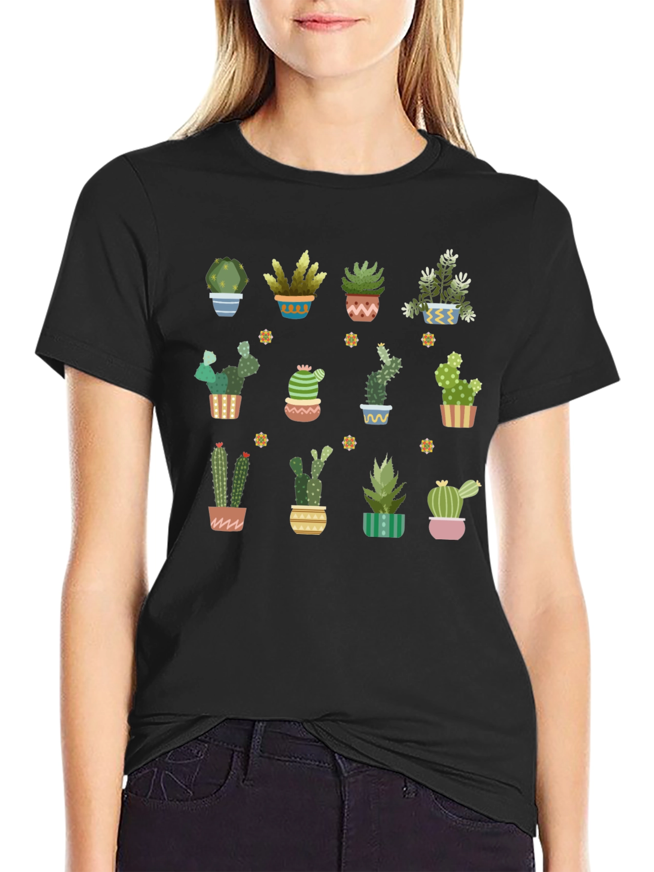Cactus Plant Graphic Print Black T-Shirt