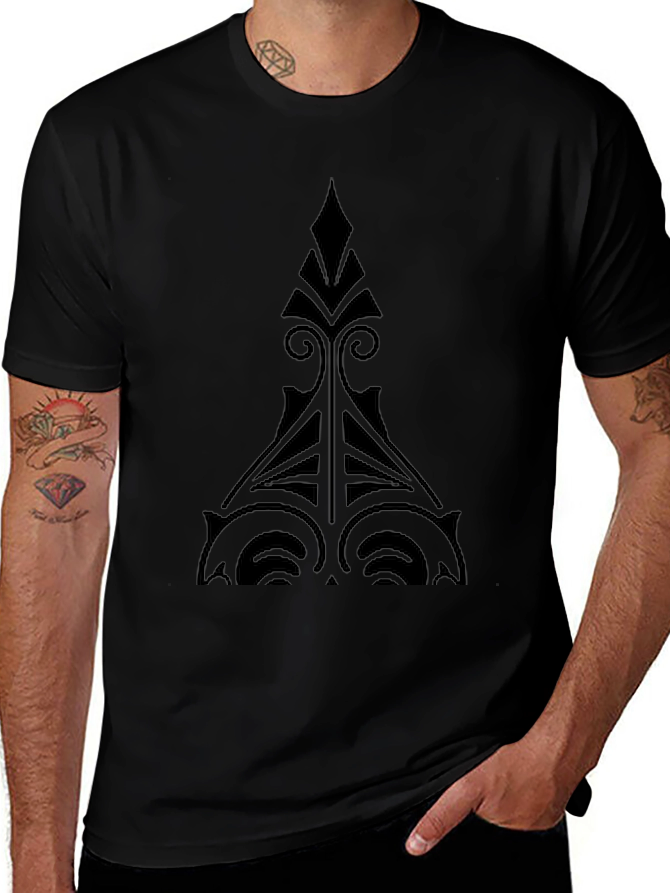 Mens Black Graphic Tee - Unique Tribal Design