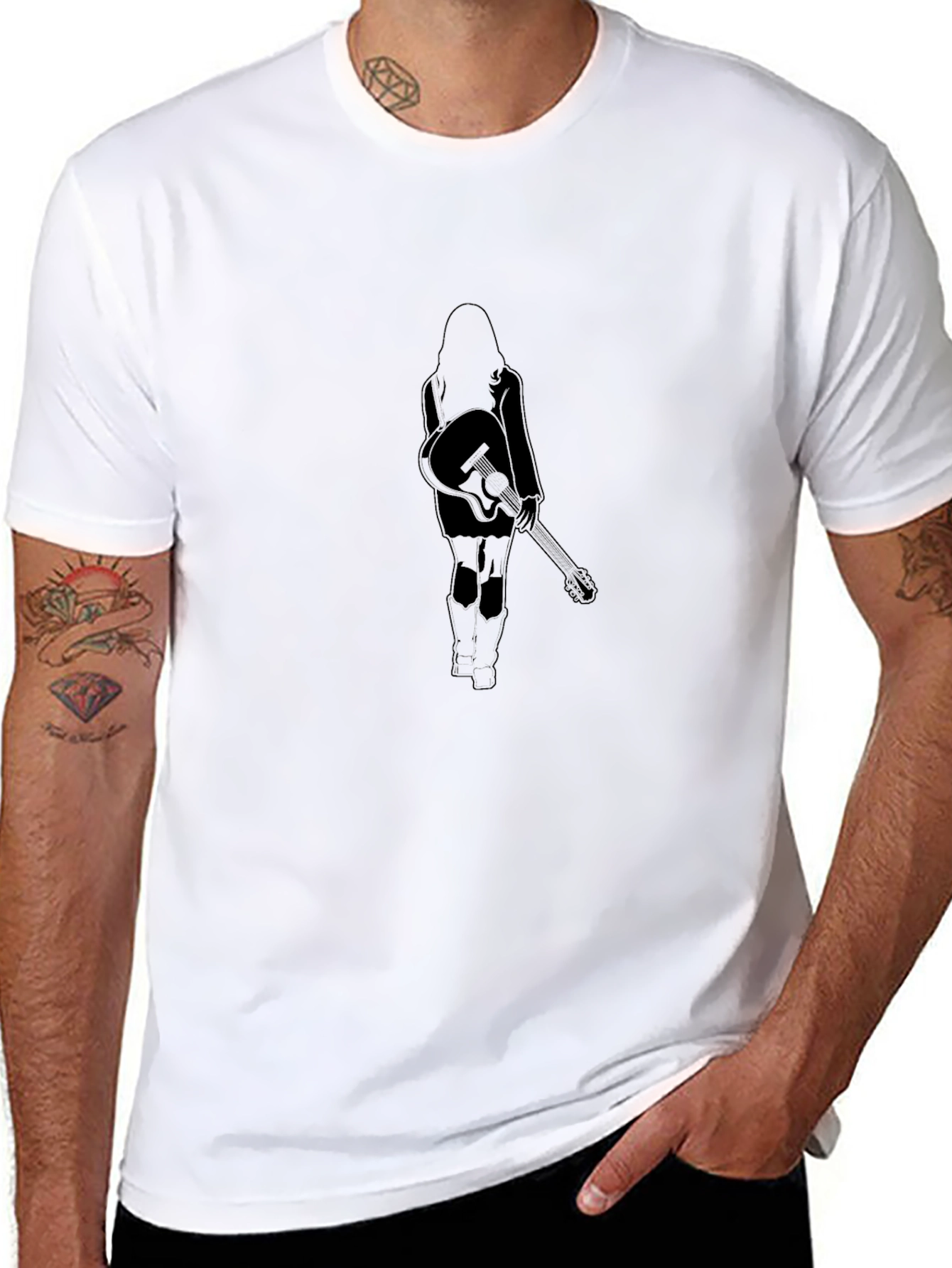 Black T-Shirt with Woman and Guitar Design