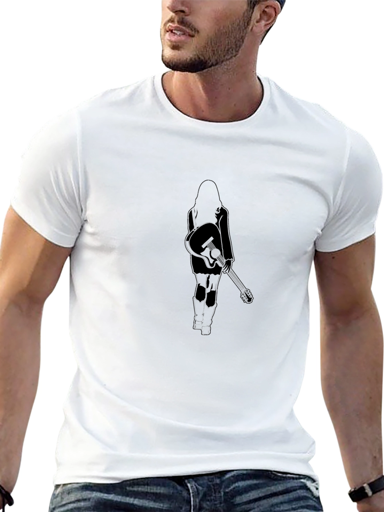 Black T-Shirt with Woman and Guitar Design