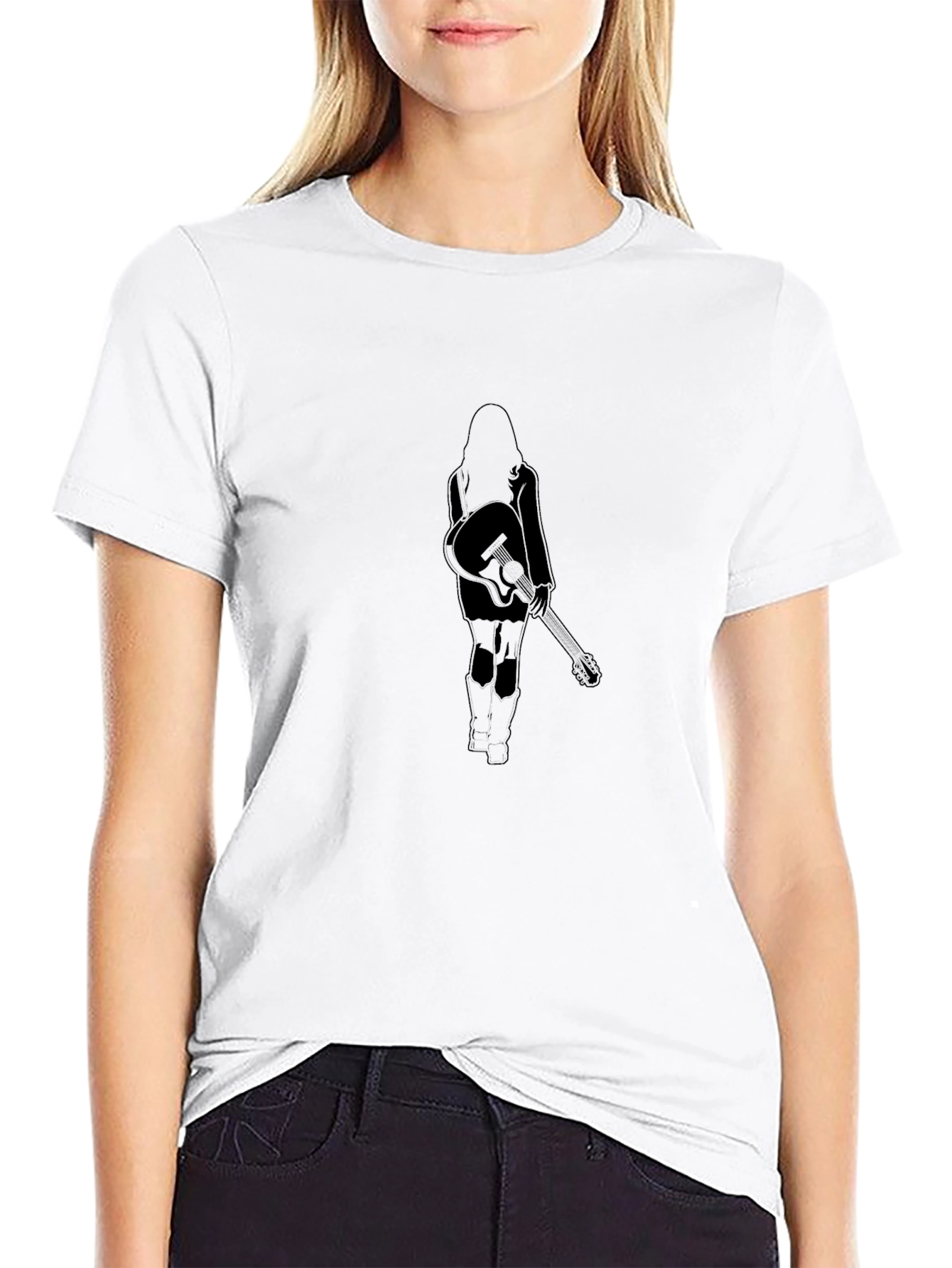 Black T-Shirt with Woman and Guitar Design