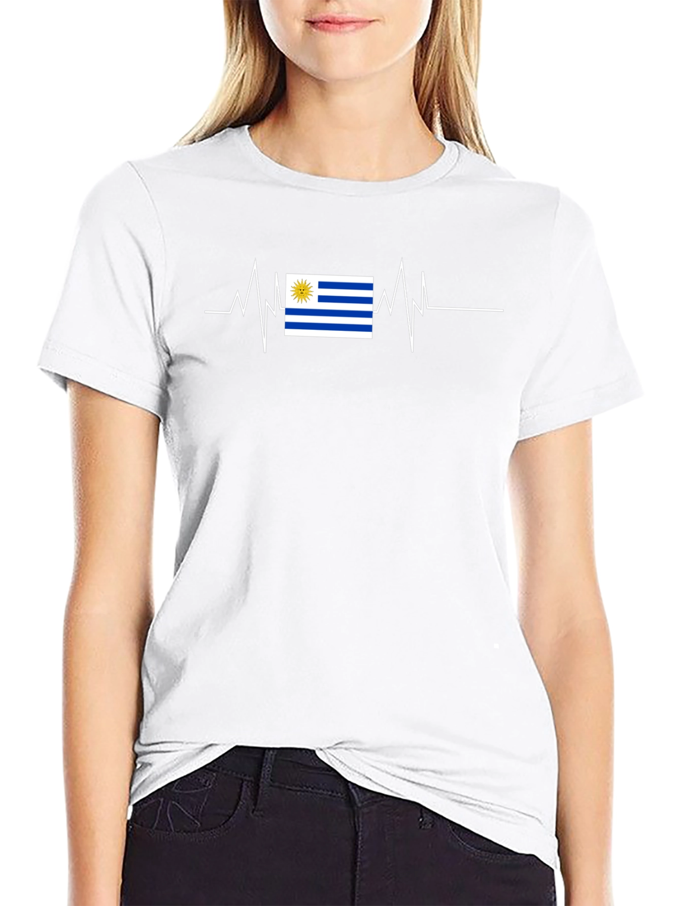 Uruguay Flag Heartbeat T-Shirt - Black