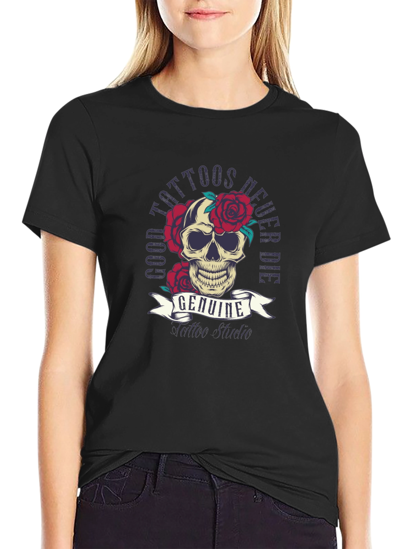 Skull & Roses Tattoo Style Graphic Tee