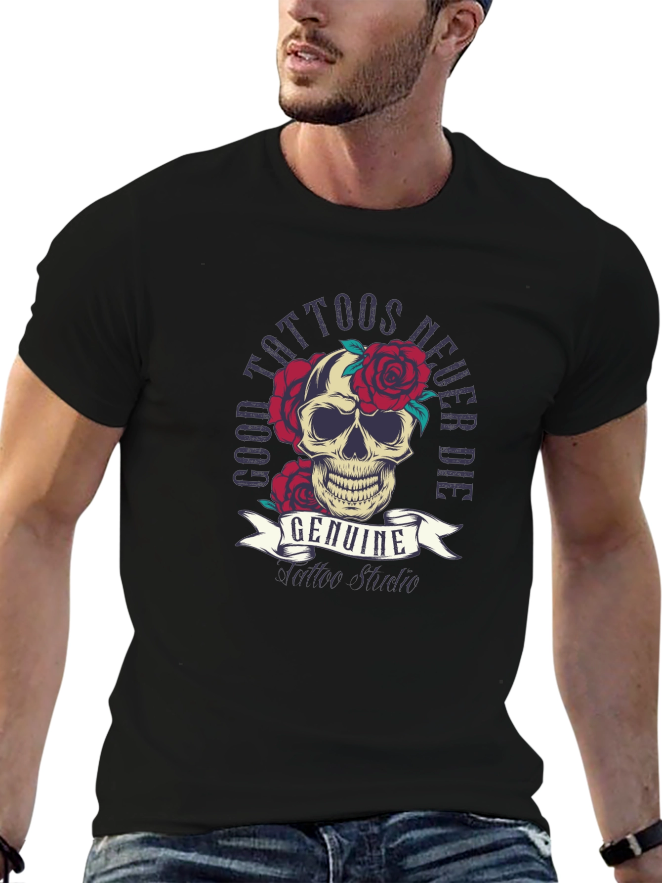 Skull & Roses Tattoo Style Graphic Tee