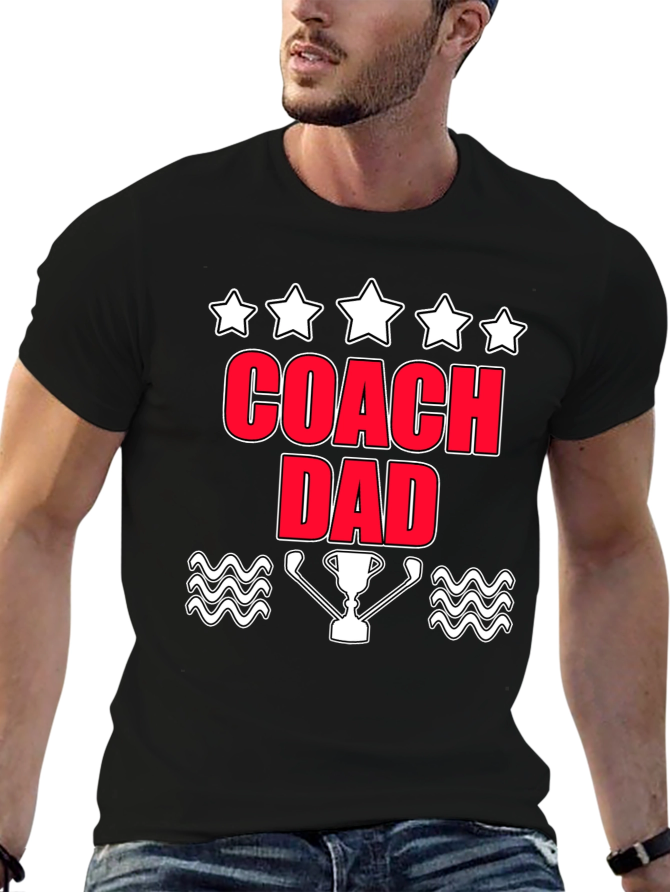 Coach Dad T-Shirt with Trophy & Stars Graphic Tee