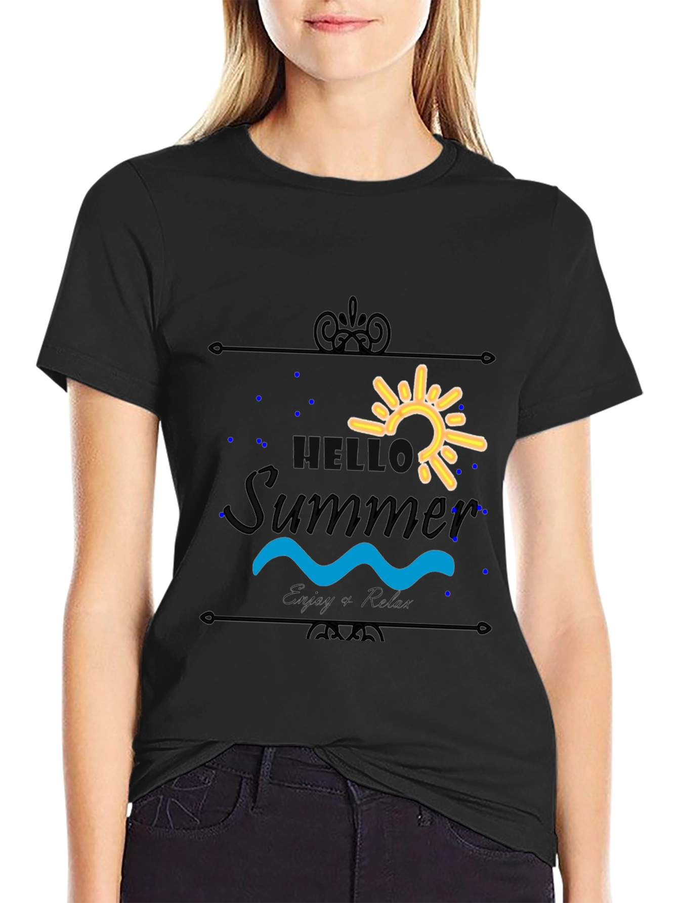 Hello Summer Black T-Shirt - Enjoy & Relax