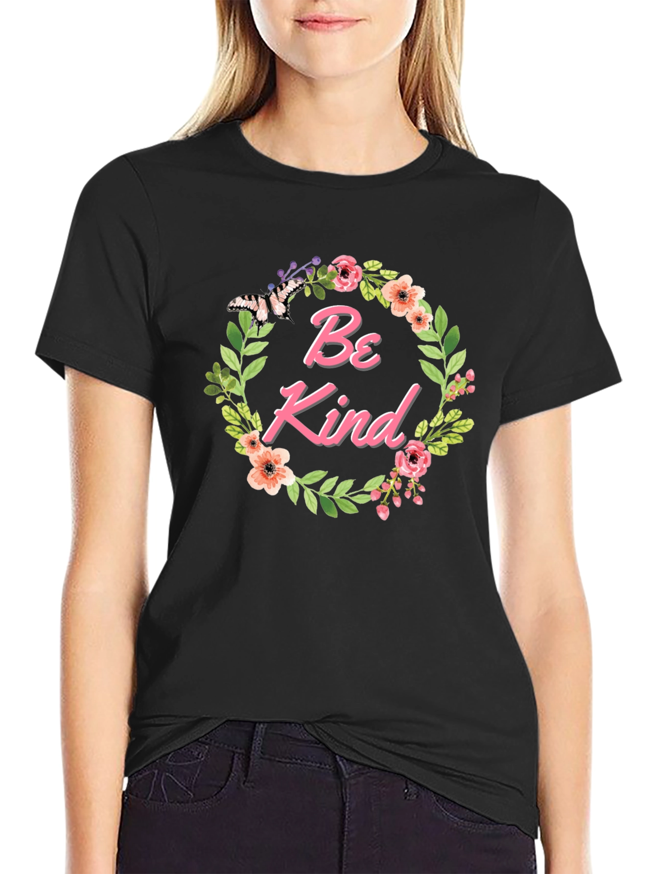Be Kind Floral Wreath Black T-Shirt
