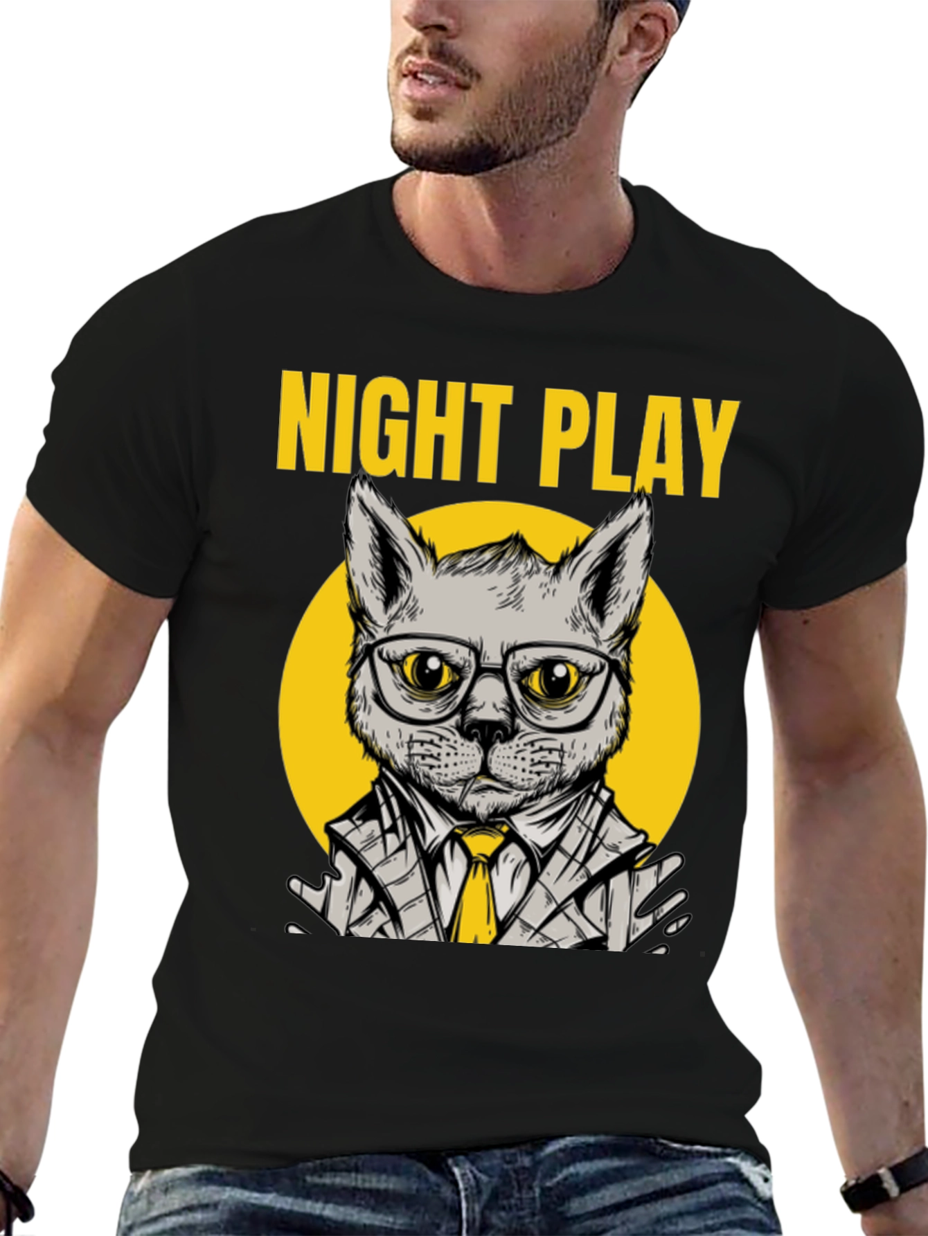 Night Play Cat Graphic Tee - Trendy Cool Design
