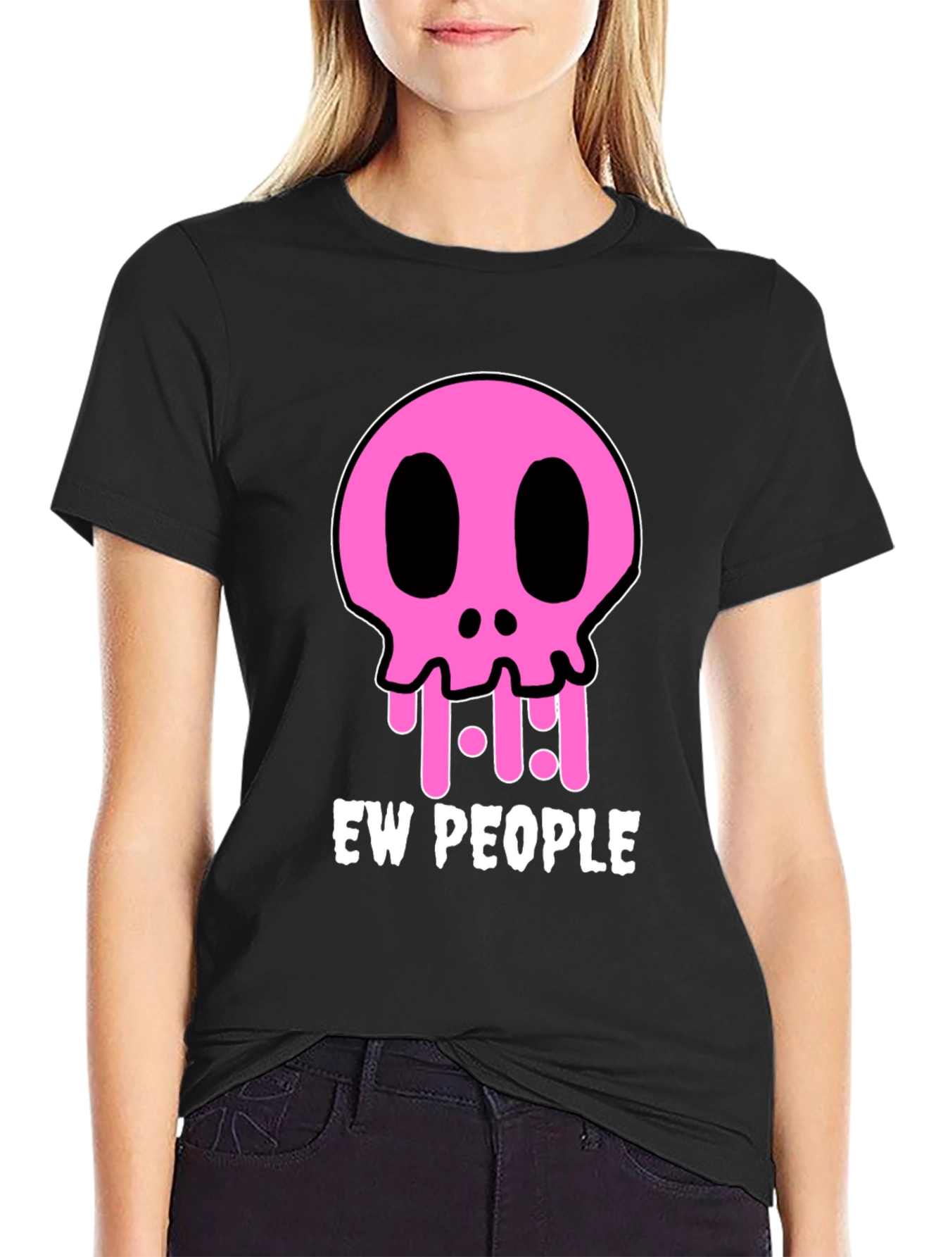 Ew People Graphic Tee - Pink Skull Black T-Shirt
