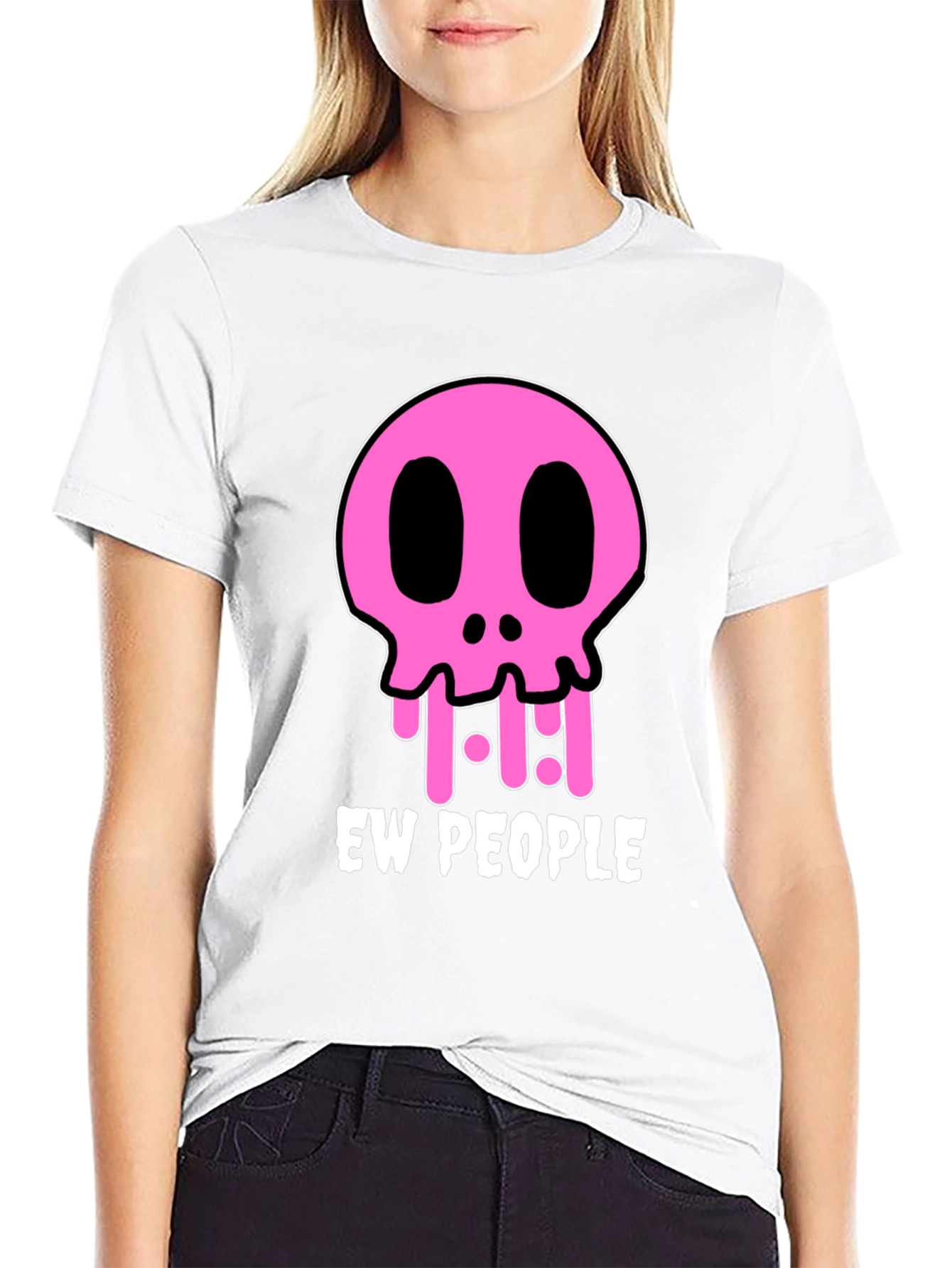 Ew People Graphic Tee - Pink Skull Black T-Shirt