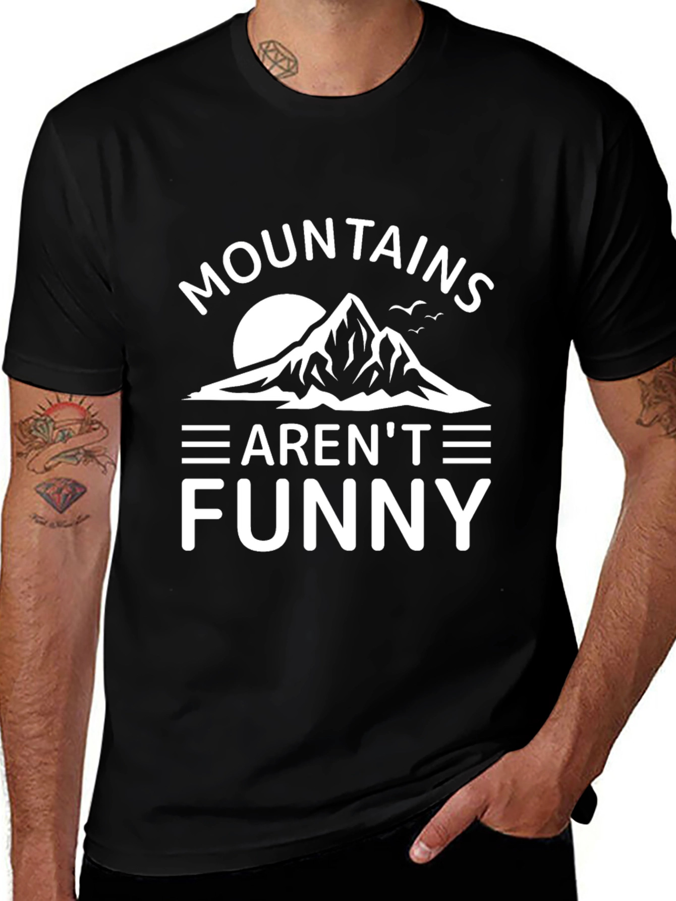 Mountains Arent Funny Mens Black Graphic Tee