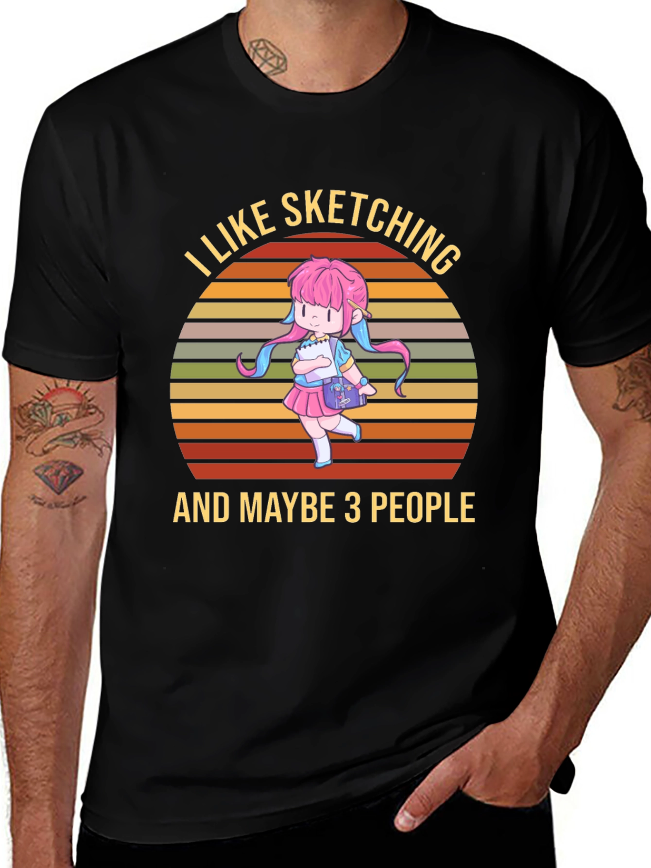 I Like Sketching & Maybe 3 People Black T-Shirt