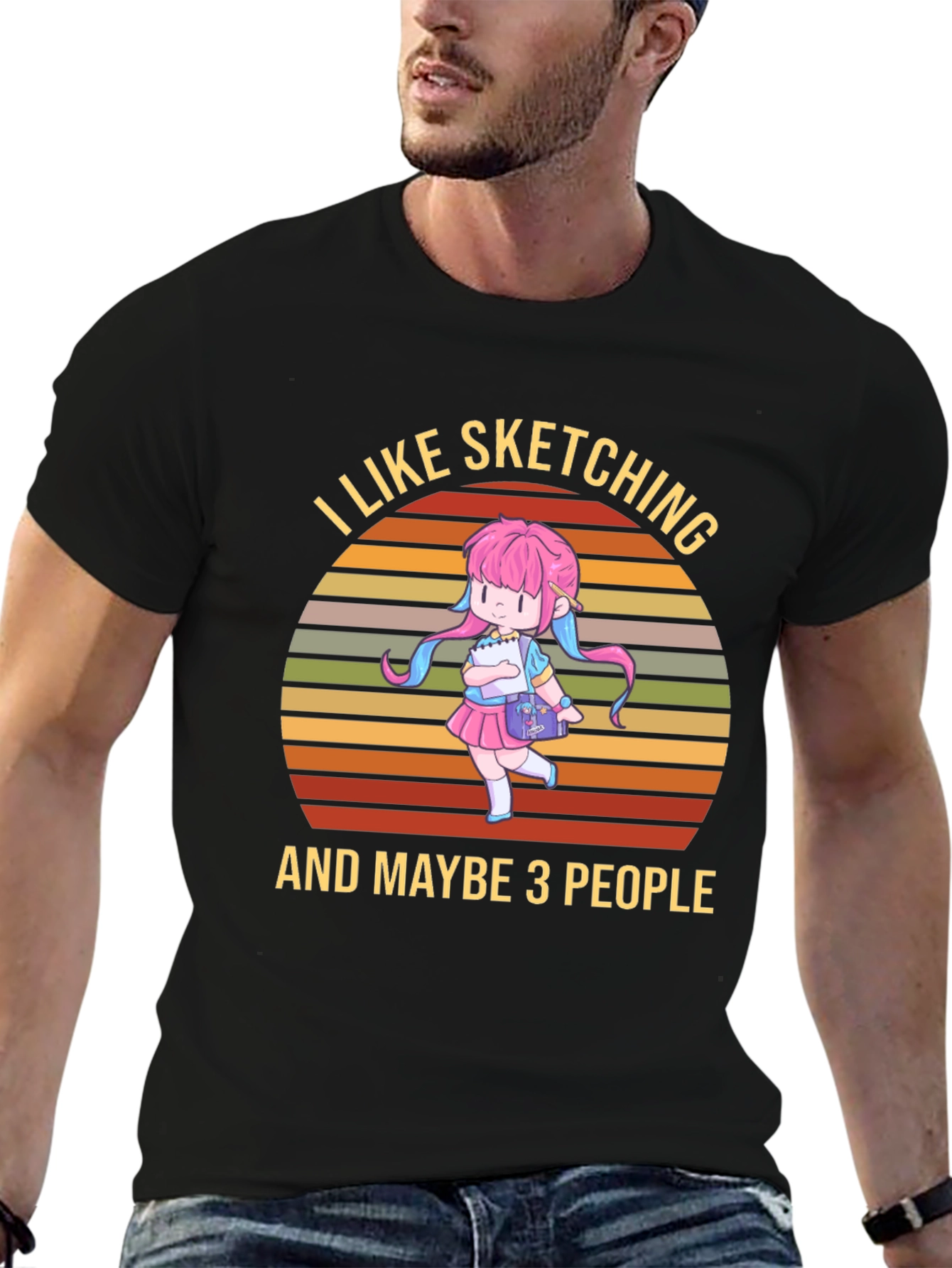 I Like Sketching & Maybe 3 People Black T-Shirt