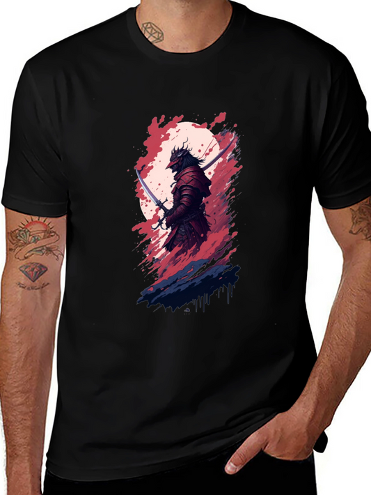 Samurai Warrior Graphic Tee - Black Cotton Blend Shirt