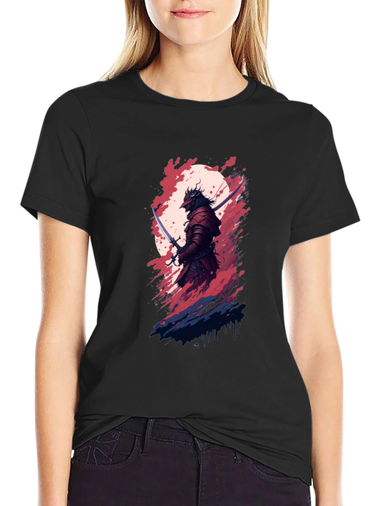 Samurai Warrior Graphic Tee - Black Cotton Blend Shirt