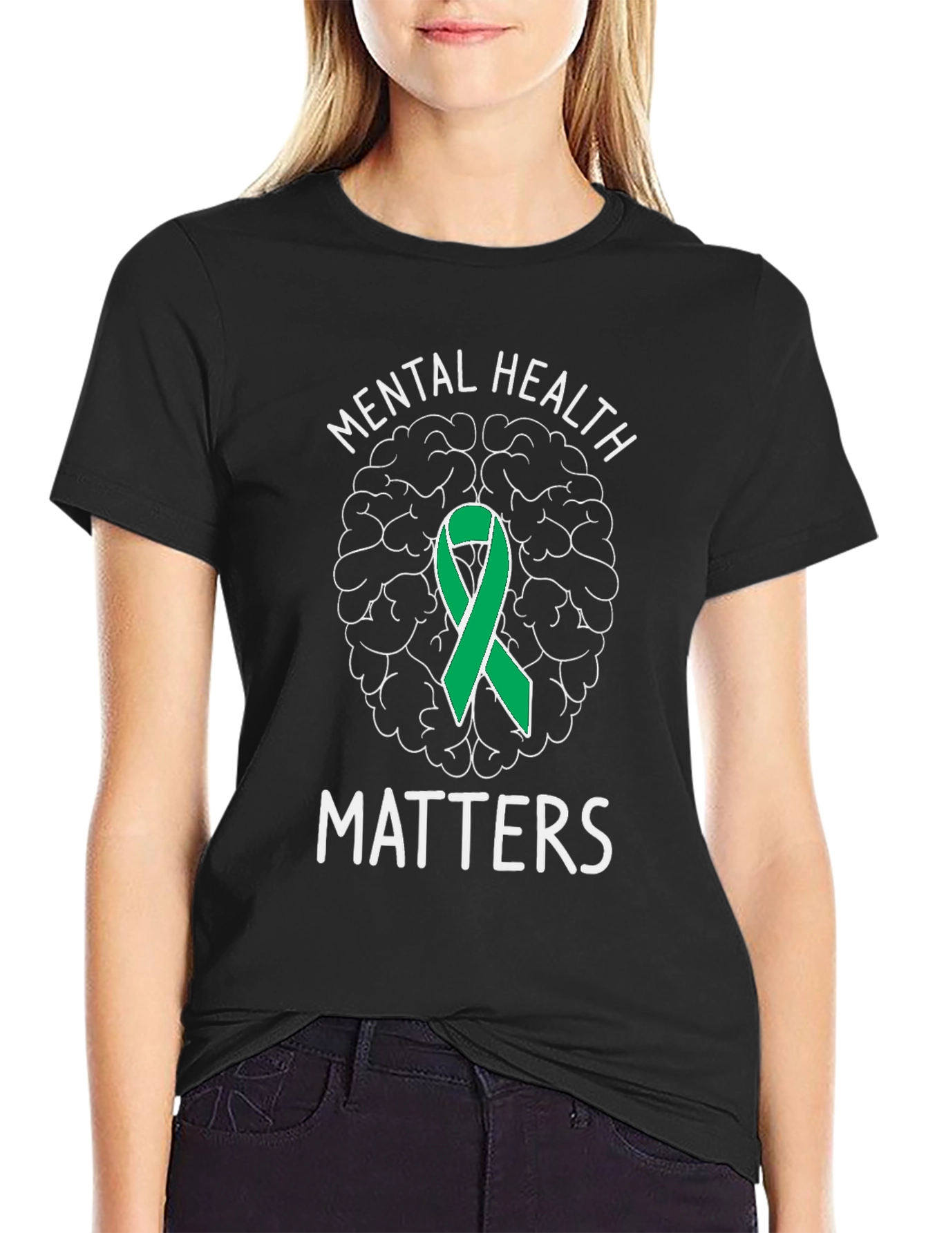 Mental Health Matters T-Shirt with Brain & Ribbon Graphic