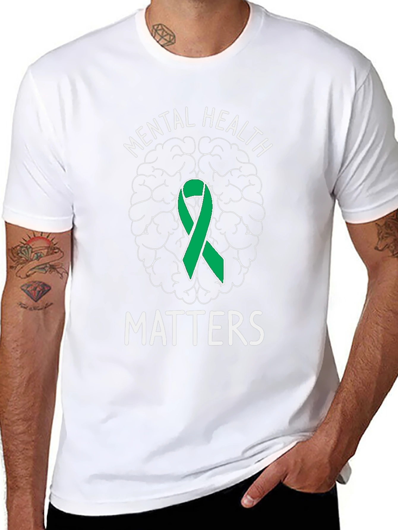 Mental Health Matters T-Shirt with Brain & Ribbon Graphic