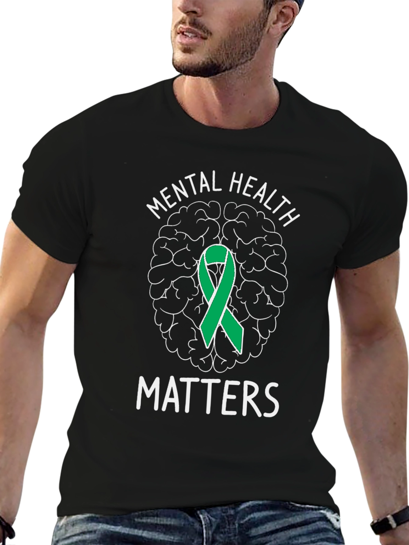 Mental Health Matters T-Shirt with Brain & Ribbon Graphic